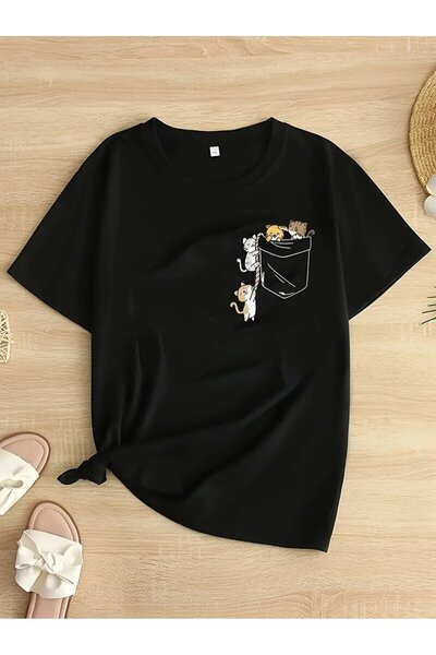 HOFFNUNG Tricou UNISEX cu mânecă scurtă, guler rotund, cu imprimeu cu pisici,...