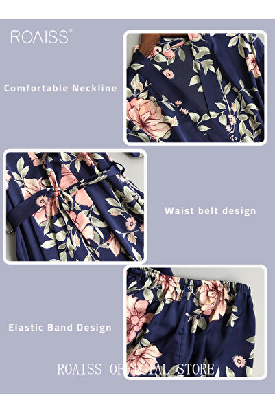 ROAISS 5 PCS Pajama Sets for Women Sweet Floral Printing Lace Edge Homewear L...