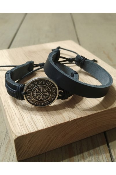 AB Takı 2-Pack Vegvisir Compass Design Real Leather Bracelet Men's Bracelet