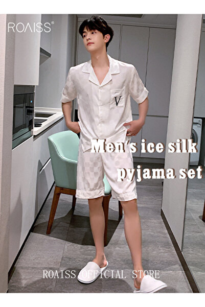 ROAISS 2-Piece Set Men's Short Sleeves Pajamas Pants Sleepwear Sets Satin Gri...