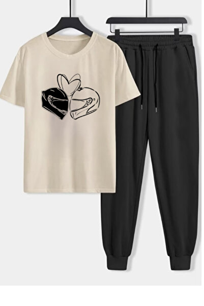 LAVİTTA تي شيرت سويت بنطلون رياضي - أسود مطبوع عليه طبعة من الأسفل، طقم بدلة ...