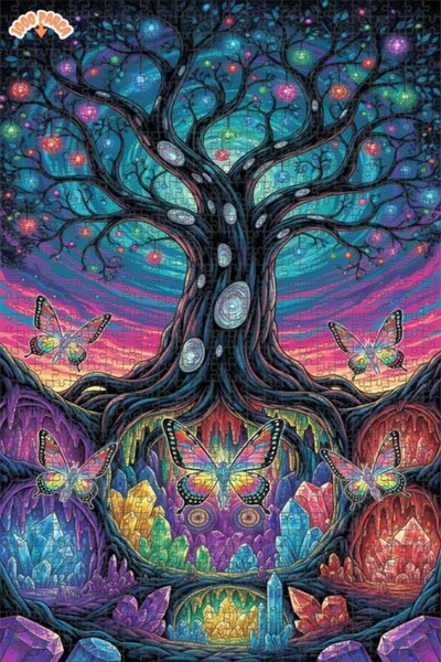 Esranın Dünyası Colorful Butterflies and Crystal Tree Oil Painting Look Woode...