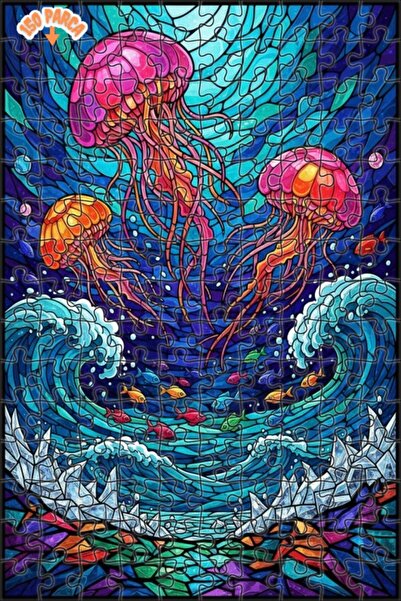 Esranın Dünyası لغز خشبي فني من الزجاج الملون لحيوانات البحر الملونة 150 قطعة...