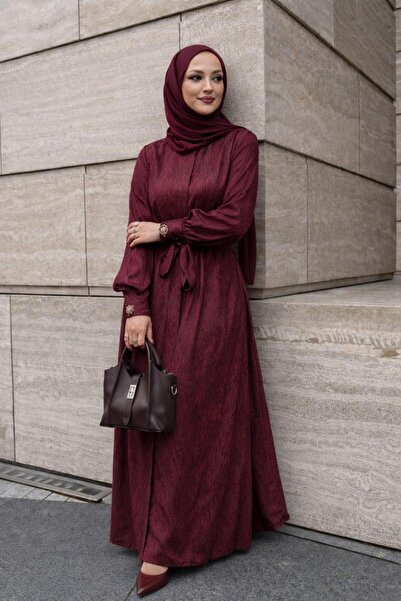 TRENDTESETTÜR KADIN BORDO KUŞAKLI JAKARLI ELBİSE T 4822