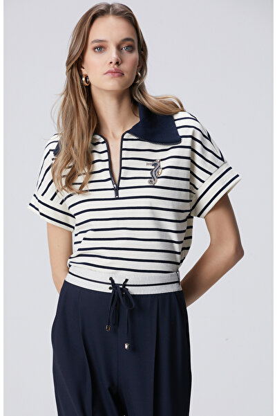 Network Lacivert Beyaz Aksesuarlı Fermuar Yaka T-shirt