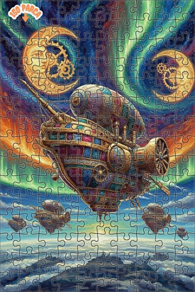 Esranın Dünyası Sky Ship Oil Painting Look Steampunk Double-Decker Framed Woo...