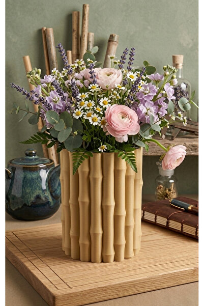 Blurix Modern Bambu Desenli Dekoratif Vazo – Minimalist Masa ve Raf Dekoru, S...