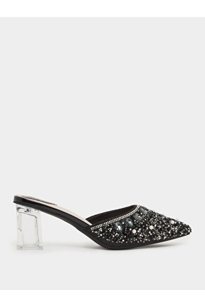 Take Two By Styli Black Embellished Transparent Heel Mules