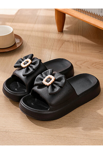 Take Two By Styli Black Bow Slip-On Slippers