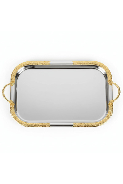 AKDC Large Rectangular Stainless Steel Serving Tray with Decorative Gold Bord...