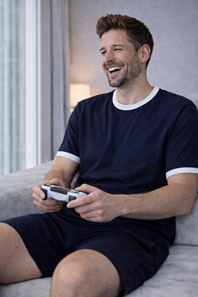 koza iç giyim Men's Cotton Piece Navy Blue Pocketed Shorts Pajama Set