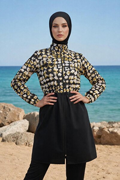 new ats Fully Covered Patterned Hijab Conservative Swimsuit 3-Piece Set Parac...