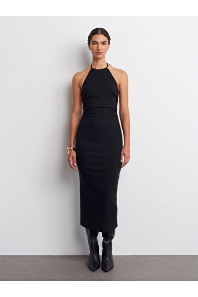 Dilvin Halter Yaka Midi Sırt Detay Siyah Elbise