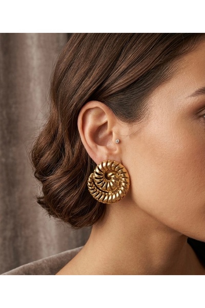Altın Renk Çelik Spiral Tasarım Büyük Boy Vintage Küpe – Retro Statement Kadın Küpe