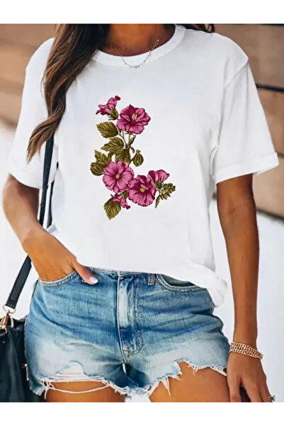 HOFFNUNG Unisex Short Sleeve Round Neck Flowers Violet Printed Solid Color t ...