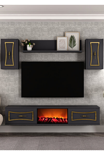 DEMONTE DECOR TV0063-TXA150DD-32 DUVARA MONTAJ ŞÖMİNELİ TV ÜNİTESİ TAKIMI ANT...