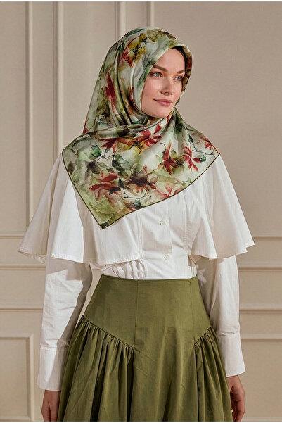 SilkTouch Green Red Botanical Pattern Organic Scarf
