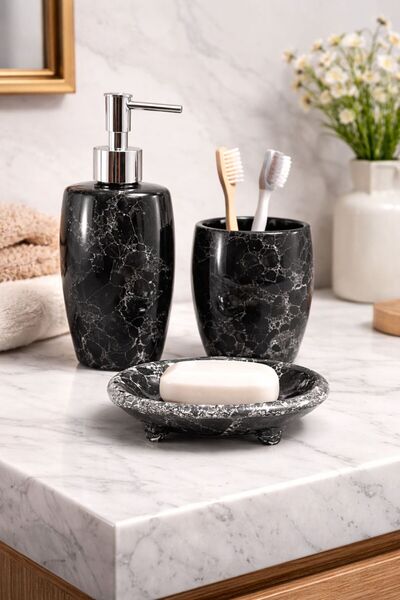 ŞURA MUTFAK Σετ μπάνιου 3 τεμαχίων με μαρμάρινο σχέδιο Μαύρη θήκη για σαπούνι