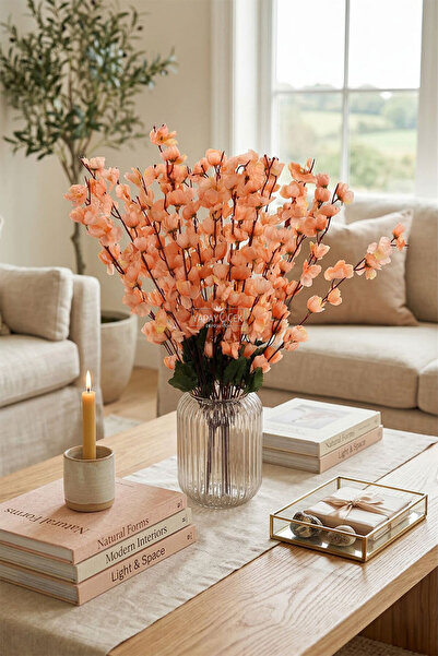 Yapay Çiçek Deposu Yapay Büyük 7 Dallı Bahar Dalı Demeti 55 cm Somon