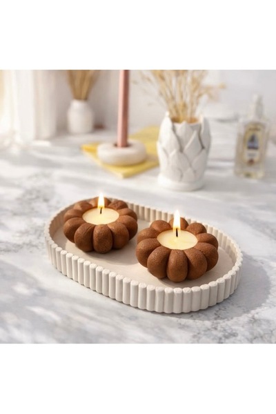 BUBUHOMEDECOR Tabaklı 2 Li kahverengi çiçekli mumluk set
