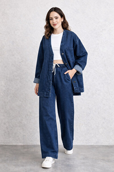 1434 Polo State Set supradimensionat denim pentru femei, cu wide-leg pantalon...