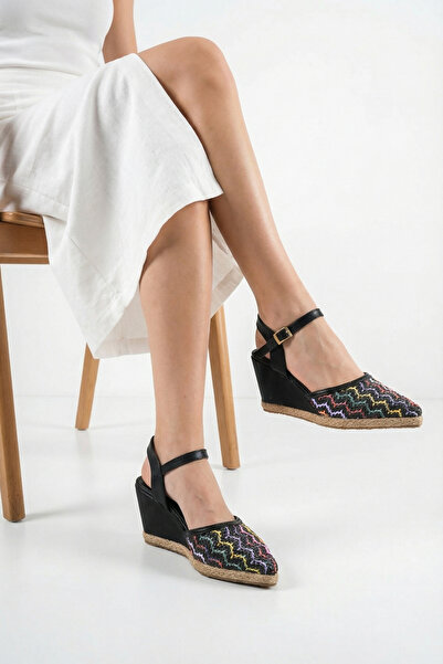 Moda Değirmeni Ψάθινο πλεκτό Rainbow Black Skin Γυναικείο με μυτερή μύτη Σφην...