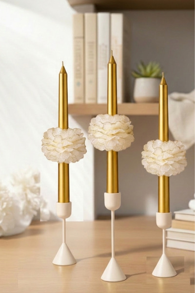 exemum EXEPAZAR (3’lü) Gold Yaldız Beyaz Şakayık Detaylı Gold Şamdan Mumu – E...