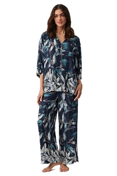 Penyemood Combed Cotton Mood Women's Navy Blue Pajama Set Pm9917