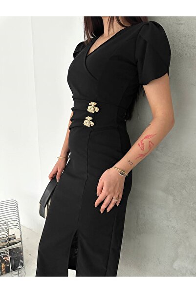 sharin Women's Black Crepe Fabric Short Sleeve Double-Breasted Collar Midi Le...