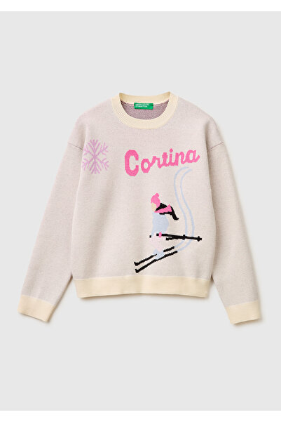 United Colors of Benetton Girl's cream-colored winter-themed Printed crew nec...