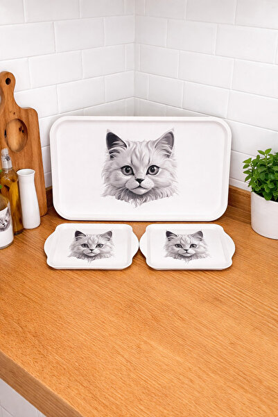 Zucci Home Kedi Desenli Sunum Tepsi Seti - 3'lü Dekoratif Kahve ve Çay Servis...