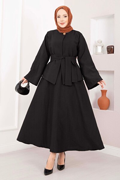 EBRUTESETTÜR Asymmetrical Gold Buttoned Belt Piece Skirt & Jacket Set Black