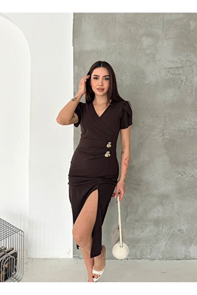 sharin Women's Brown Crepe Fabric Short Sleeve Double-Breasted Collar Midi Le...