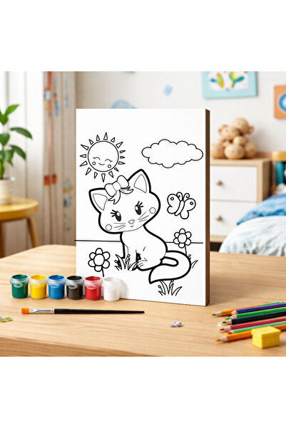 Cemira Kedi Tasarım Boyanabilir Ahşap Tablo Seti -6'lı Akrilik Boya + Fırça- ...