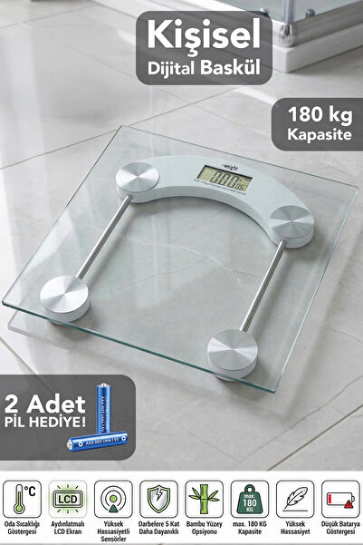 Meleni Home Kişisel Cam Dijital Baskül - LCD Ekranlı Batarya Göstergeli 180kg...