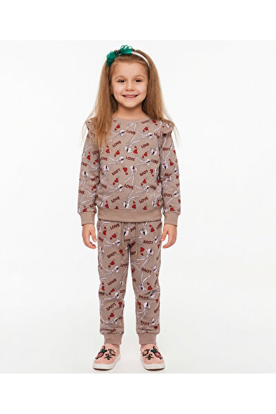 levanapajamas Girls' winter pajamas with a bunny and hearts print – dark beige