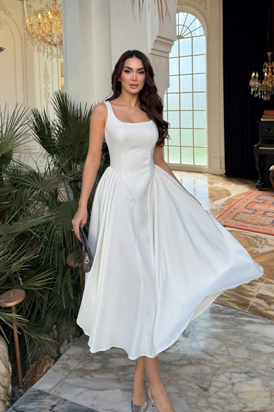 Sindimoda Belin Kare Yaka Sırt Dekolteli Midi Elbise 4968