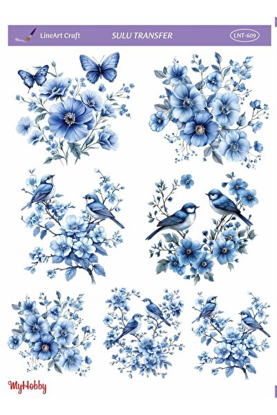 LİNEART LNT609 Mavi, Çiçek, Kuş Desenli 25*35 cm Açık Zemin Sulu Transfer