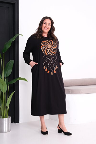 Şans Women's Large Size Black, Embroidered, Long Sleeve Pocketed Dress 65N39412