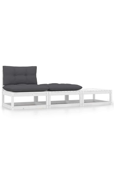 vidaxl Set mobilier de grădină cu perne, 3 piese, alb, lemn masiv pin