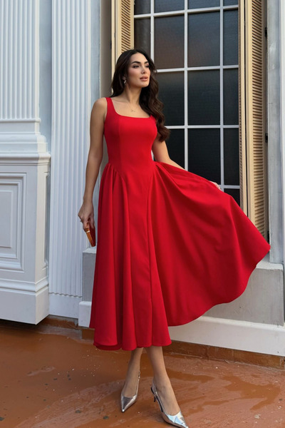 Sindimoda Μίντι φόρεμα με τετράγωνο γιακά και ανοιχτή πλάτη 4968