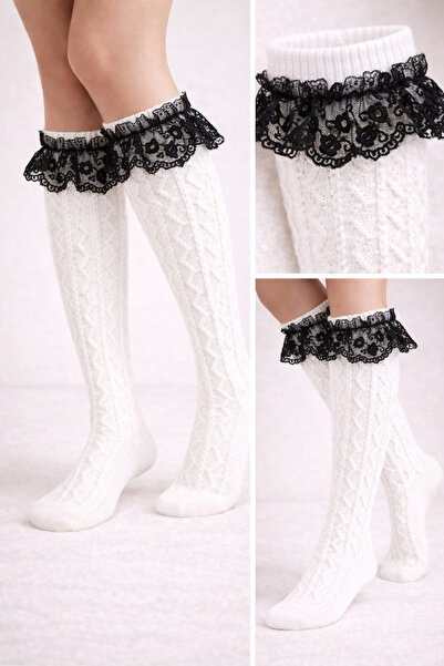 BONY SOCKS Kız Çocuk Dantel Fırfırlı Kendinden Dokulu Beyaz Dizaltı Çorap