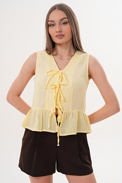 ŞİMAL Дамска блуза с връзки отпред и детайли от муселин 260002 -