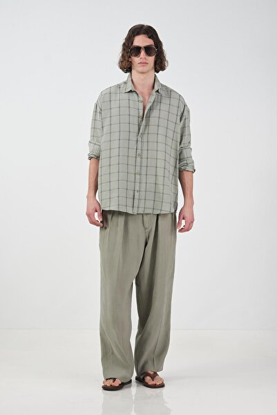 GIESTO Checked D Drapey m Modal Khaki Shirt