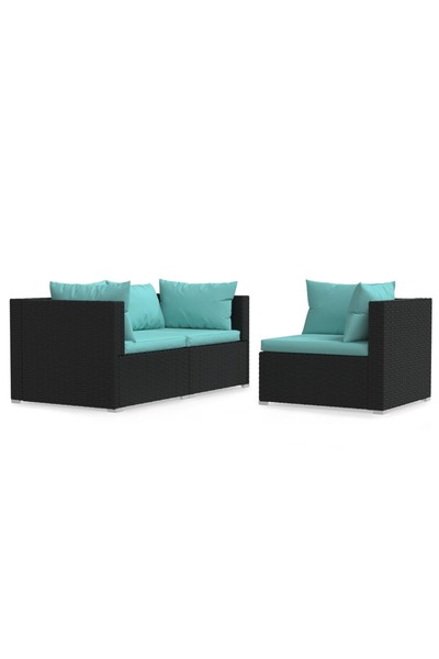 vidaxl Set mobilier de grădină cu perne, 3 piese, negru, poliratan