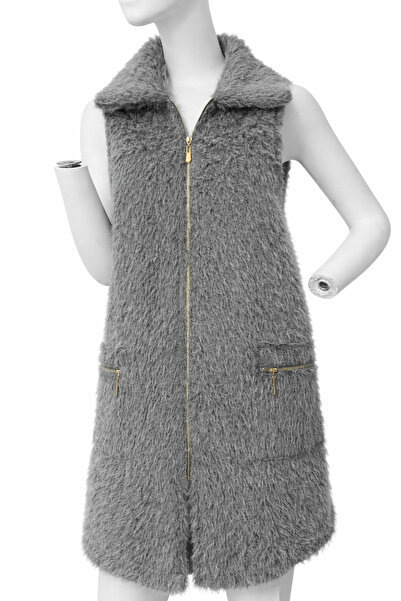 REYYAN Gri Kürk Görünümlü Kadın Yelek Uzun Model Fermuarlı