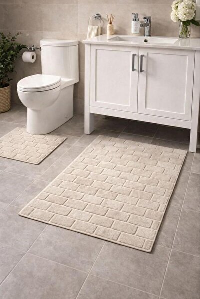 Çeyiz Diyarı Kalebodur Cotton Pieces of 2 Pieces Bath Mat Beige