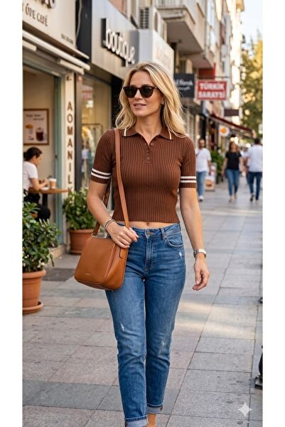 ÖZKURTOĞLU COLLECTİON Corded Fabric Polo Neck Cold Yarn Summer Knitwear T-Shi...