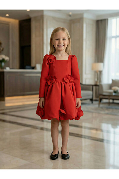 She Dress By Kubra Aksoy Kız Çocuk Özel Seri Kırmızı Çiçek Detaylı Uzun Kollu...