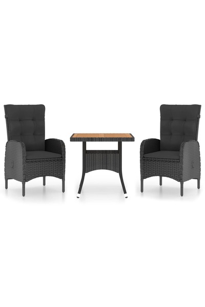 vidaxl Set mobilier grădină, 3 piese, negru, poliratan și lemn acacia